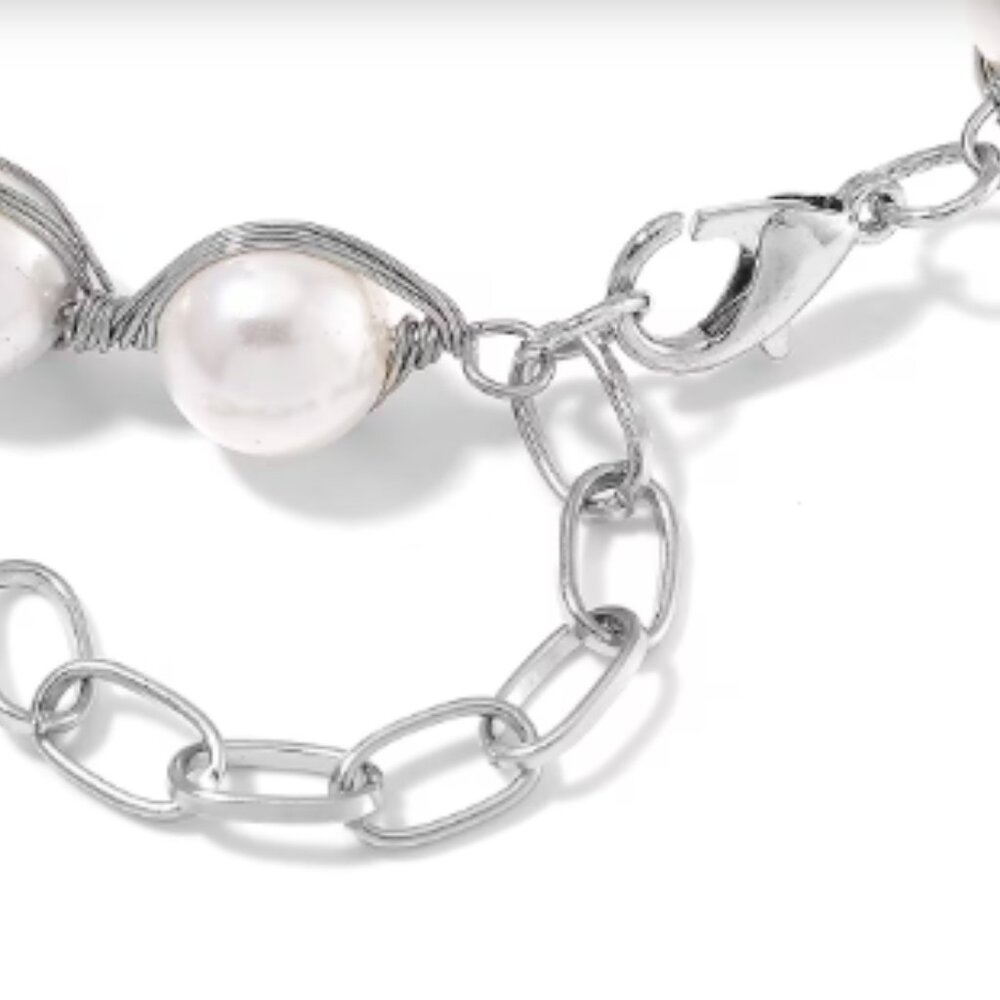 White Shell Pearl Bracelet (7.00-9.00In) in Silvertone - Picture 4 of 4